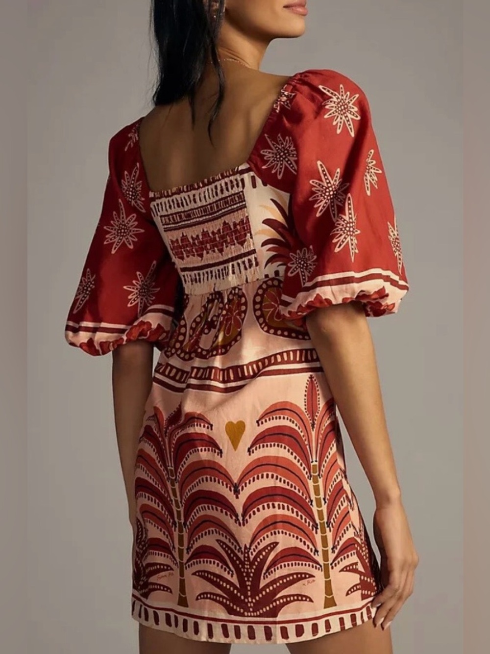 ARRIVED! NWOT Farm Rio Square Neck Linen Anthropology Puff Sleeve Mini Dress